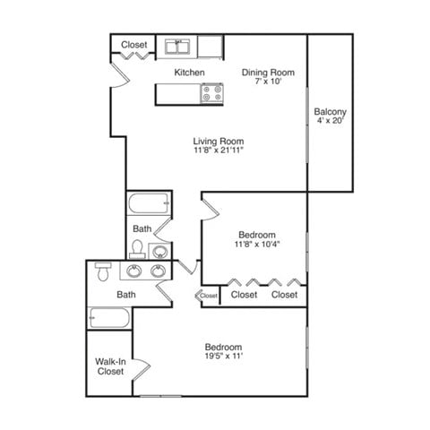 Floor plan for 2 beds, 2 baths, 1100 sqft